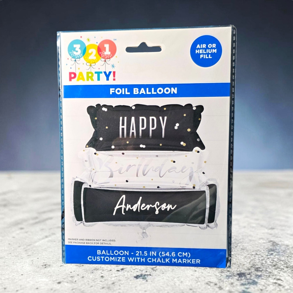 321 Party! Foil Balloon Happy Birthday Chalk 21.5 in Black White Polka Dot